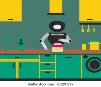 Household robot preparing cake at kitchen. Personal robot chef futuristic concept illustration vector.
