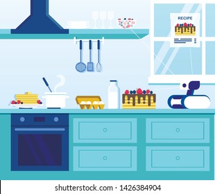 Household Robot Preparing Pancakes on Kitchen. Cartoon Personal Cyborgs Chef with Cooking Functions. Flat Artificial Intelligence Robotic System Choose Recipe for Breakfast Dish. . Vector Illustration