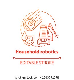 Household robotics red concept icon. Domestic robot idea thin line illustration. Modern futuristic technologies. Automated cleaning machines. Vector isolated outline drawing. Editable stroke