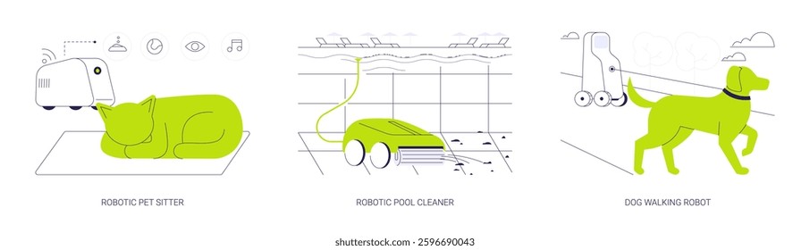 Household robots abstract concept vector illustration set. Robotic pet sitter with camera, smart device, automated pool cleaner, dog walking robot, home appliance, digital assistant abstract metaphor.
