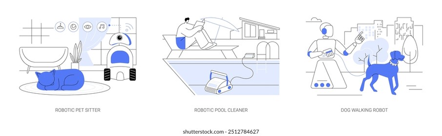 Conjunto de Ilustraciones vectoriales de dibujos animados aislados de robots domésticos. Cuidador de mascotas robótico con cámara, dispositivo inteligente, limpiador de piscina automatizado, robot para pasear perros, electrodoméstico, asistente digital de dibujos animados de Vector.