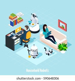 Household robots isometric composition with robots helping young family resting in free time vector illustration