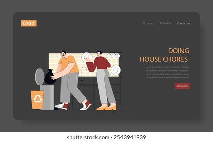 Household routine concept. Two people engage in daily chores, washing dishes and taking out trash. Cooperation in home maintenance. Vector illustration.