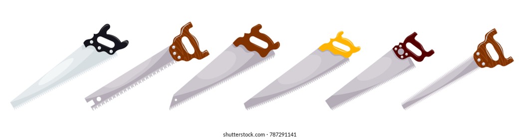 Household saws. Vector set of household saws in a style of a cardboard on a white background. Color illustration of a home tool for working on wood
