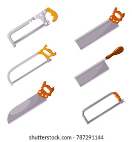 Household saws. Vector set of household saws in a style of a cardboard on a white background. Color illustration of a home tool for working on wood