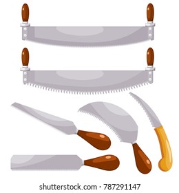 Household saws. Vector set of household saws in a style of a cardboard on a white background. Color illustration of a home tool for working on wood