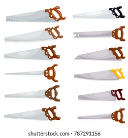 Household saws. Vector set of household saws in a style of a cardboard on a white background. Color illustration of a home tool for working on wood