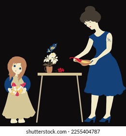 Household scene. The girl is sweet, she has a yellow leaf and three fly agarics. An angry woman, in a blue dress, puts a plate with a spoon on the table.
Butterfly, ladybug, mug with flowers
