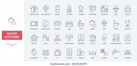 Household services, electrical appliances and furniture for home line icons set. Domestic equipment for owner, wifi access and digital TV thin black and red outline symbols, vector illustration