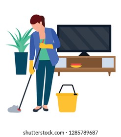 Household services flat vector icon, mopping girl
