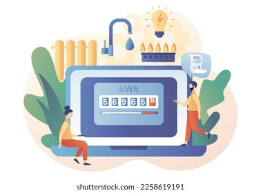 Household services online. Utility bills. Regular payments as gas, water, electricity, heating. Saving resources concept. Modern flat cartoon style. Vector illustration on white background