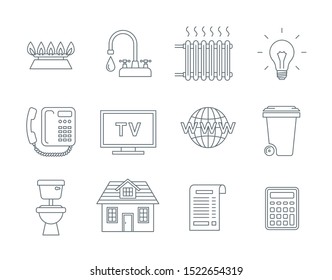 Household services utility bill icons. Vector flat thin line symbols of regular payments such as gas, water, electricity, heating, telephone, cable TV, Internet, garbage, sewage. Outline pictograms