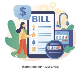 Household services. Utility bills in smartphone app. Regular payments as gas, water, electricity, heating. Saving resources concept. Modern flat cartoon style. Vector illustration on white background