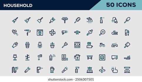 Household set of 50 outline icons related to Fitness. Linear icon collection. Editable stroke. Vector illustration