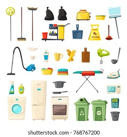 Household set and cleaning supplies icons. Cartoon vector illustration