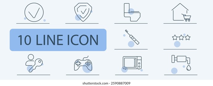 Household set icon. Approval check, security shield, toilet, home shopping, electric toothbrush, rating stars, key access, gaming controller, microwave, water tap.