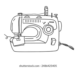 Household sewing machine. Sewing, quilting concept. Hand drawn doodles illustration. Vector