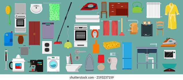 Household sign icon set and house appliance design. Home equipment machine and domestic symbol vector illustration. Apartment housekeeping item isolated and element housework. Object indoor collection