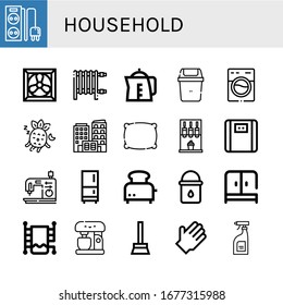household simple icons set. Contains such icons as Power strip, Cooling system, Heater, Kettle, Bin, Washing machine, Sleeping, Building, can be used for web, mobile and logo