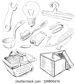 Household stuff set. Sketch vector objects isolated on white background