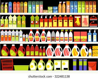 Household supplies aisle in the supermarket, shelves filled with cleaning products, ESP 8 vector illustration