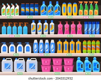 Household supplies, chemical detergent bottles on supermarket shelves. Detergents, cleaning powder, soap vector Illustration. Shelves with household chemicals. Supermarket detergent showcase