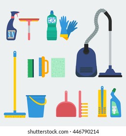 Household supplies and cleaning equipment. Flat design for web sites, infographics and printed materials.