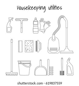 Household supplies and cleaning equipment. Outline design for web sites, infographics and printed materials.