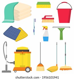 Household supplies and cleaning flat icons set. Mop, sponge, spray bottle, towel, vacuum cleaner, bucket, squeegee, brush. Housekeeping tools and equipment isolated images on white background