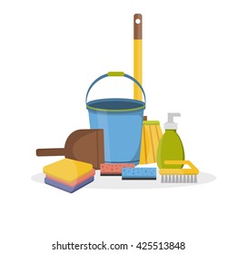 Household supplies and cleaning flat icons set. Tools guidance cleanliness and order house. Cleaning supplies still life household supplies. Household cleaning supplies. Tools of house cleaning.