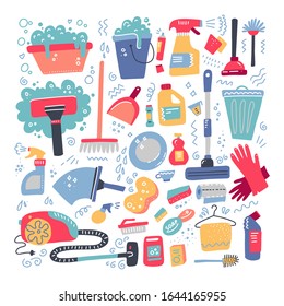 Household supplies and cleaning set. Flat hand drawn design concepts for web banners, web sites, printed materials, infographics.