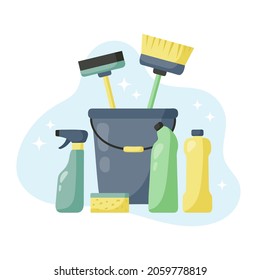 Household supplies and cleaning tools collection. Vector illustration