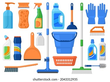 Household supplies, cleaning tools and detergent bottles. Cleaning supplies, detergents, brush, bucket and mop vector Illustration set. House cleaning tools. Mop and detergent, brush and bucket