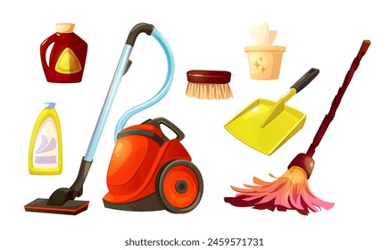 Household supplies collection. Cartoon vector illustration set of home cleaning tools and detergents - vacuum cleaner and broom stick, dustpan and brush, plastic bottle with washing agent and wipes.