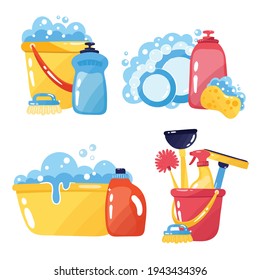 Household supplies collection, hand drawn, cartoon style colorful vector illustration. Cleaning tools, detergent bottles, spray, dishwashing, bucket with foam. Housekeeping tools isolated on white.
