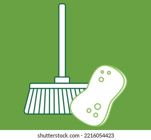 Household supplies and green line cleaning flat icon. Flat vector illustration with editable background