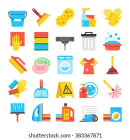 Household supplies icons set. Cleaning flat icons, material design icons set. Cleaning, washing. ironing. Graphic concept for web sites, web banner, web and mobile apps, infographics. Vector icons set