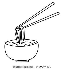 A household supply tool, chopsticks, stick out of a bowl filled with noodles. The balance of carmine soup adds a pop of color to the interior design. icon, element, simple, symbol line doodle coloring