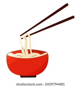 A household supply tool, chopsticks, stick out of a bowl filled with noodles. The balance of carmine soup adds a pop of color to the interior design