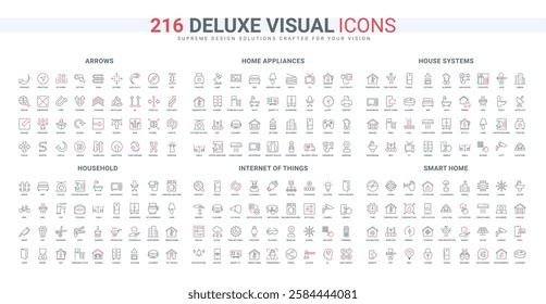 Household system management line icon set. Arrows of circle shape and direction, sanitary equipment, electricity for lighting, IOT appliances work thin black and red outline symbol vector illustration