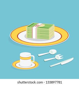 Household tableware concept with bank note. Vector 10 encapsulated postscript.
