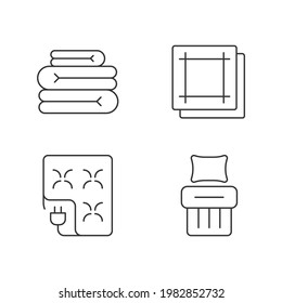 Iconos lineales textiles domésticos. Hojas dobladas. Manta eléctrica. Las servilletas de cocina. Cama de lino. Símbolos de contorno de línea delgada personalizables. Ilustraciones aisladas del contorno vectorial. Trazo editable