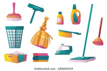 Household tools and chemicals cartoon set isolated on white. Vector illustration of mop, broomstick, plunger, brushes, laundry basket, detergent bottles, iron, linen stack. Home and office cleaning