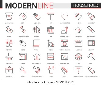 Haushaltswerkzeuge flach, dünne schwarze Linien, Vektorgrafik-Set, Linien-Symbole für die Reinigung von Häusern, Kochen oder Gartenarbeit, Hausarbeit-Sammlung von Haushaltsreinigung, Haushaltsgeräte