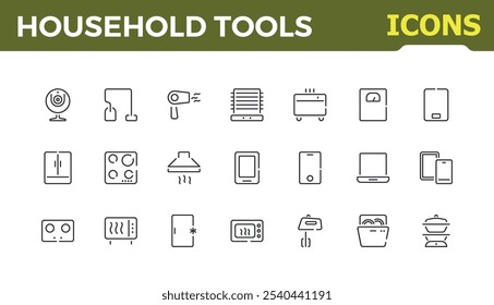 Household Tools icon pack. Contains related to cleaner, cooking, machine, electronic, household, cooker and more. Minimalist outline icon collections. Vector illustration.