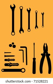 household tools and spanners on orange background - silhouette illustration