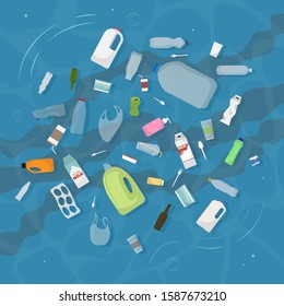 Household Trash Floats In Dirty Water. View From Above. Vector Illustration.