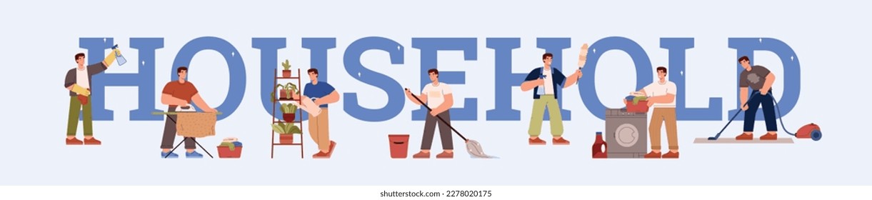 Household typographic header, man doing housekeeping chores - flat vector illustration. Character ironing clothes, watering plants, doing laundry and vacuuming.