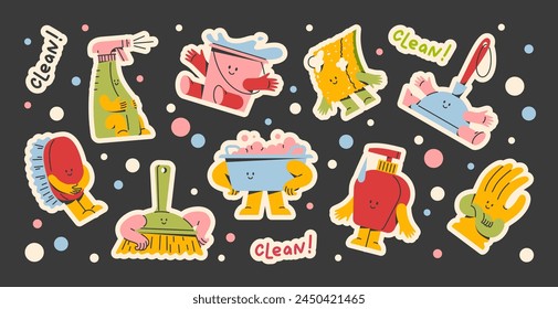 Household utensils for cleaning the house. A set of cute funny characters. Bucket, basin, soap, brush