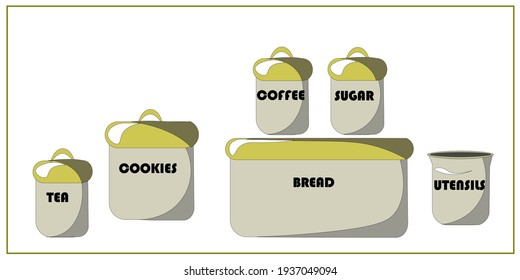 Household utensils, comfort. Potted flowers and containers for spices, bread, coffee, tea, sugar, biscuits. Kitchen. House. Isolated vector objects.